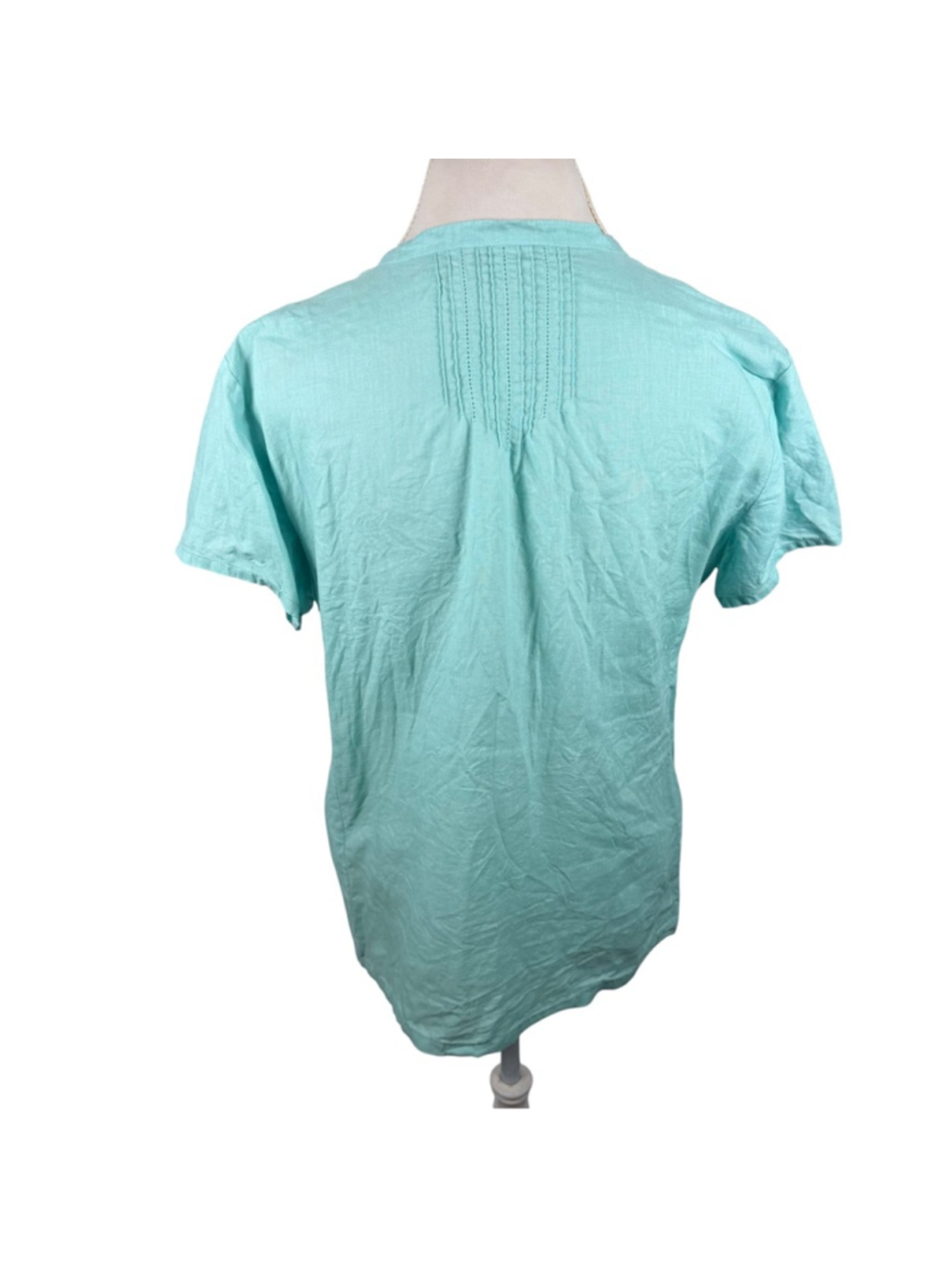 Eileen Fisher System Irish Linen Top Turquoise Pin Tuck Blouse Relaxed Size L - Picture 7 of 10
